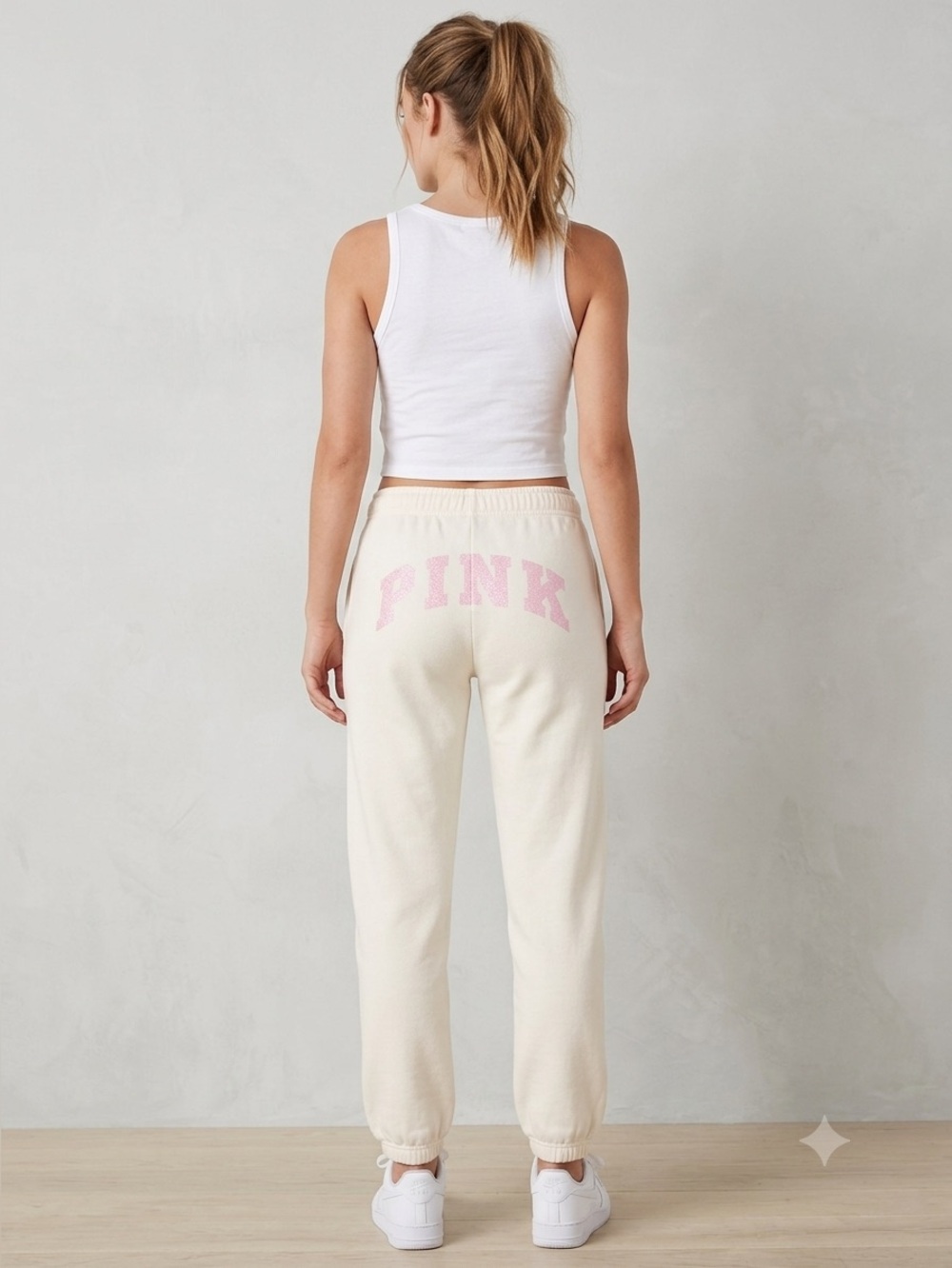 VS Pink Cream Fleece Joggers with PINK lettering